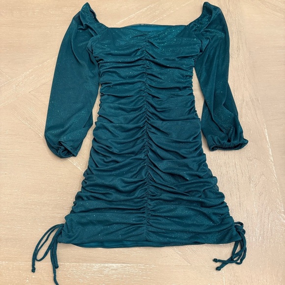 Jump Emerald Teal Shimmering Long Sleeve Ruched Dress Hoco dance - Picture 9 of 9
